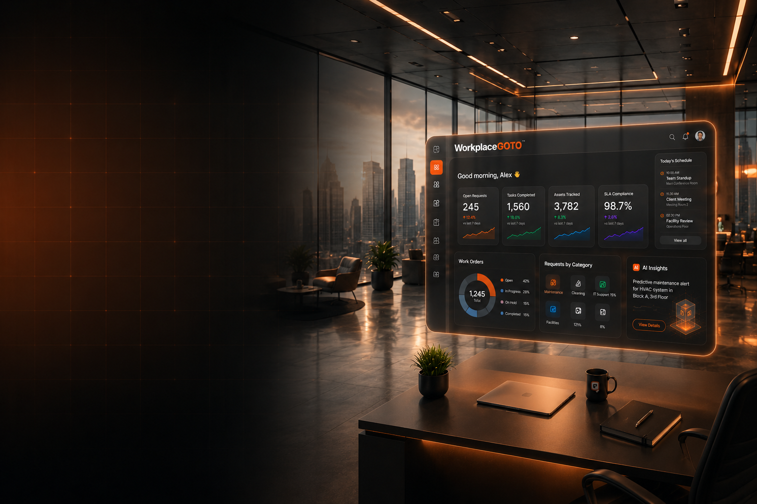 Workplace professional using the WorkplaceGOTO dashboard on a large screen in a modern office, showing open requests, tasks completed, assets tracked and SLA compliance