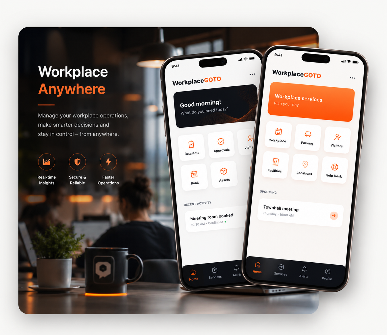 WorkplaceGOTO mobile app screens showing workplace services, requests, approvals, parking, visitors, facilities and upcoming activities
